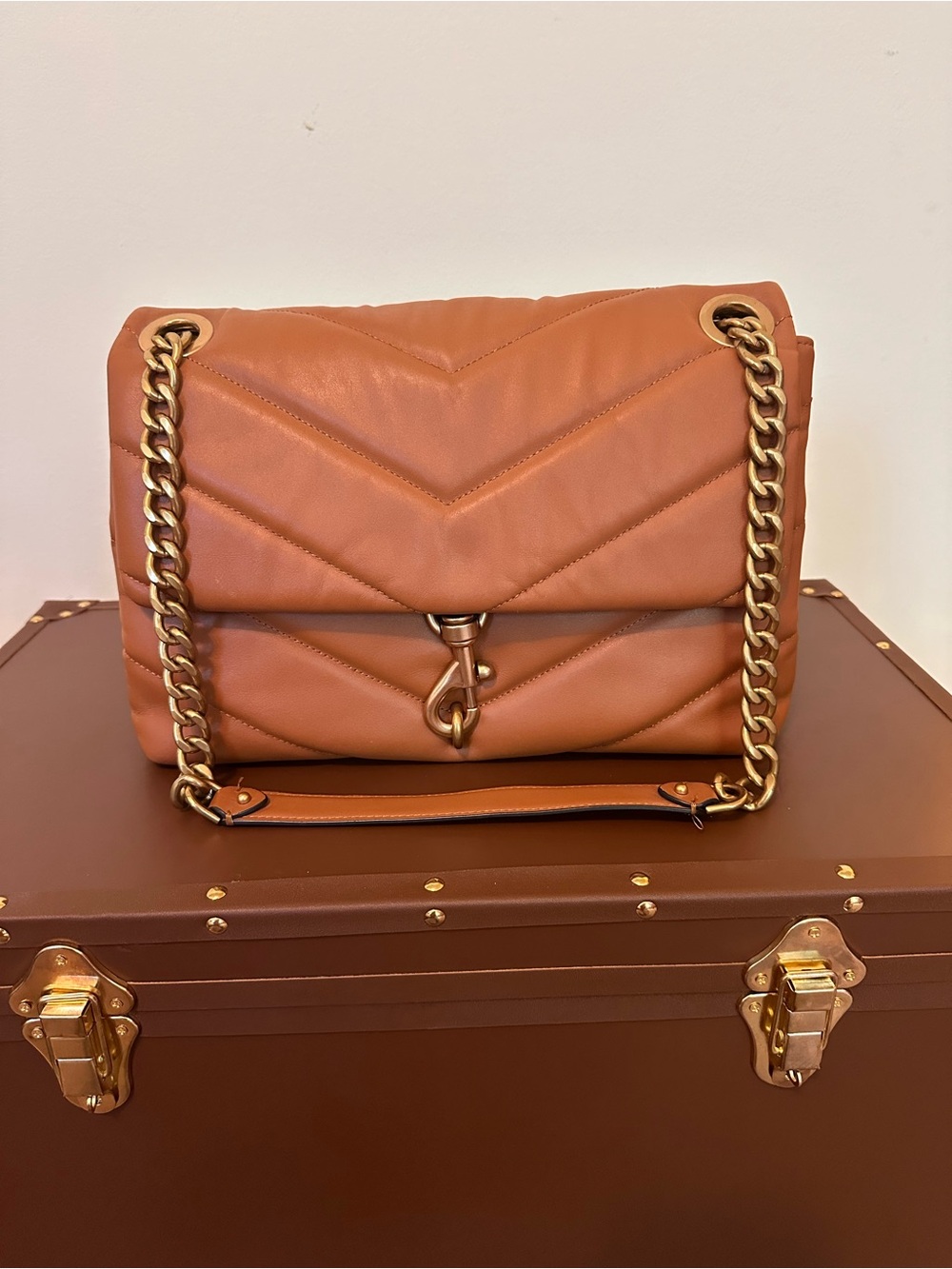 Rebecca Minkoff Quilted Shoulder Bag in Cognac Brown with Gold Hardware